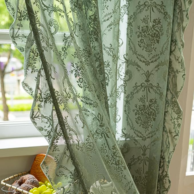 Deeprove Sheer Lace Curtains Olive Green 96 Inches Length - Image 4