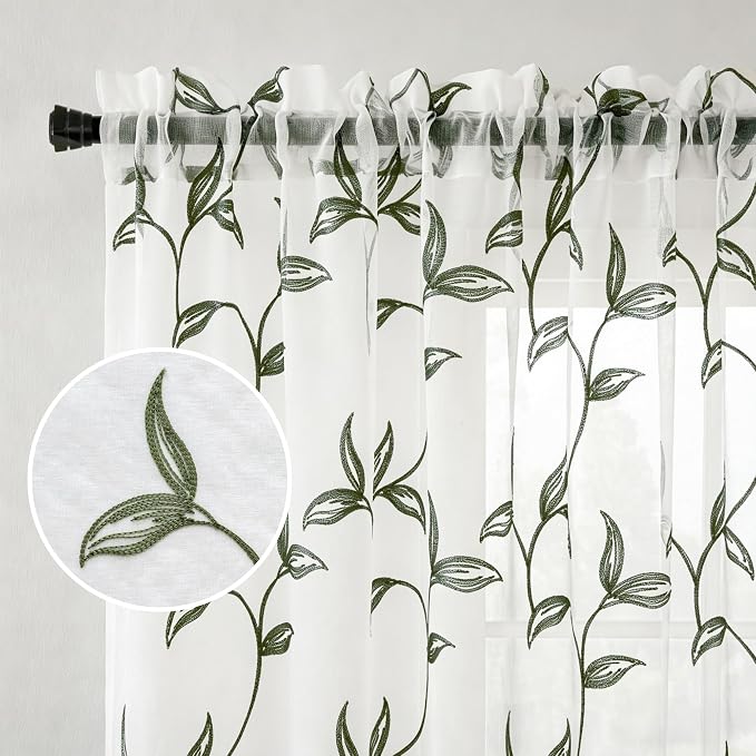 Sheer Curtains Boho Leaf Floral Embroidered Green 54Wx102L | Light Filtering - Image 4