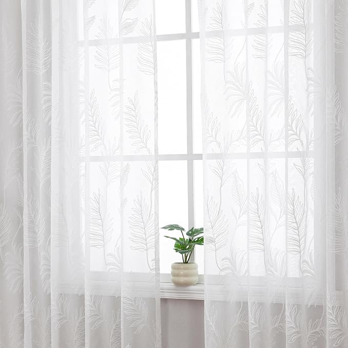 White Sheer Curtains Embroidered Leaf 2 Panels 84 Inches Long | Light Filtering - Image 2
