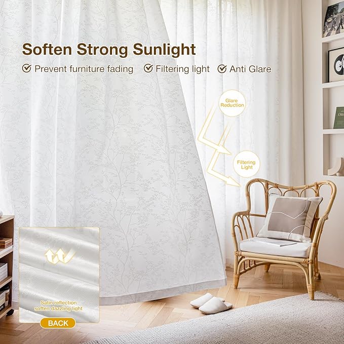 Anmao White Semi Sheer Light Filtering Extra Long Curtains 2 Panels, Branch - Image 5
