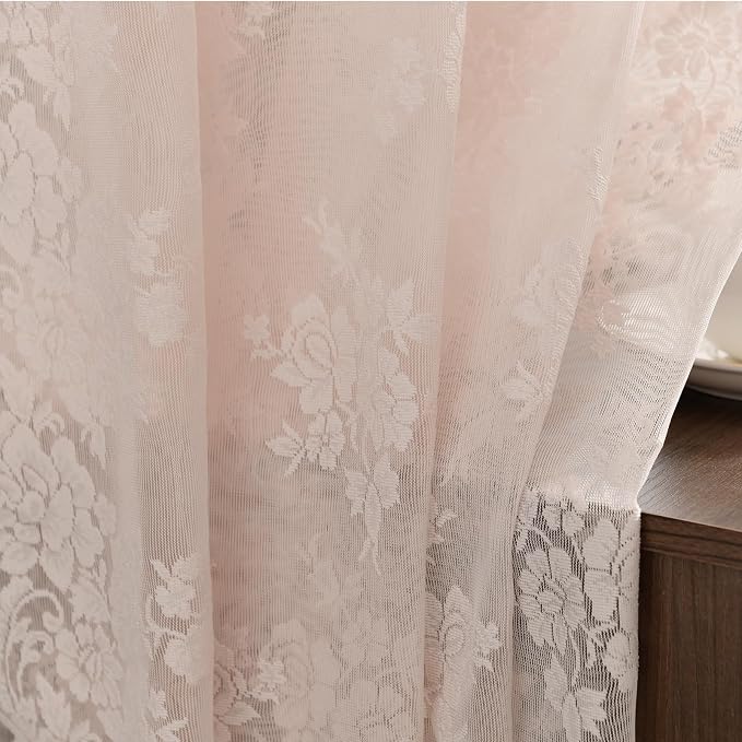 Kotile Blush Pink Lace Curtains Country Floral W42 x L36 Inch, 2 Panels | Rod - Image 4