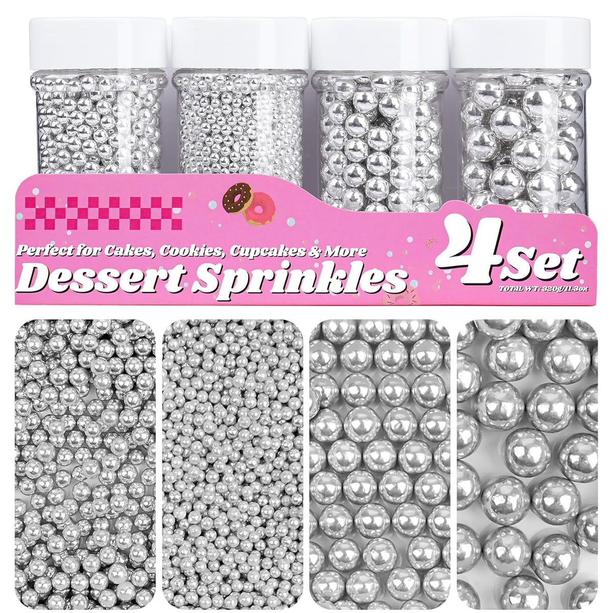 Silver Pearl Sprinkles for Cake Decorating, 11.3 Oz Edible Pearls Sugar 4 Sizes Gift Box Set for Baking Cookie Ice Cream Cupcake Toppings