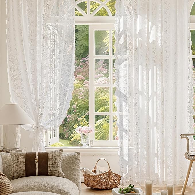 Anmao Vintage Lace Valance Kitchen Curtains 18 Inches Long 2 Panels, Semi Sheer - Image 5
