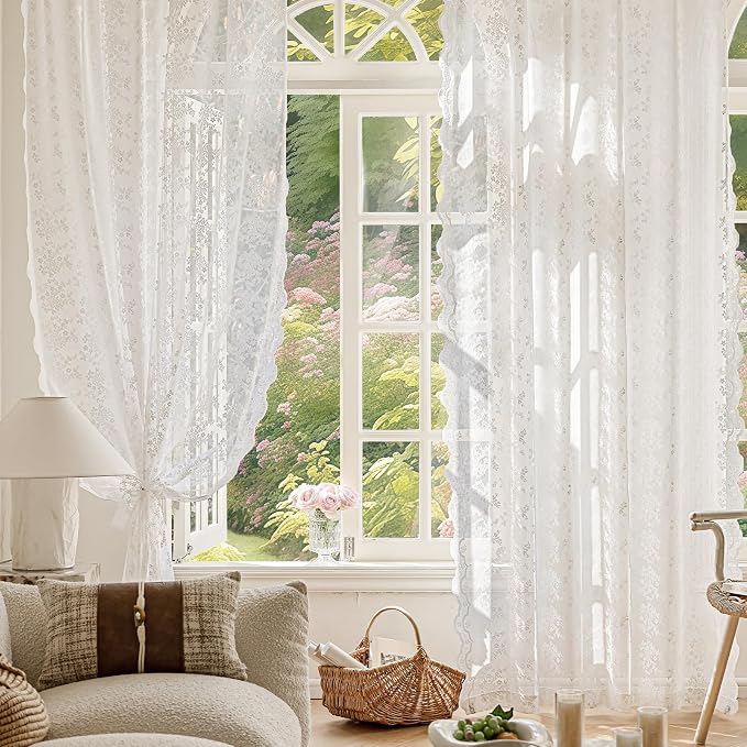 Anmao Vintage White Lace Curtains 84 Inches Long 2 Panels Set, Romantic Elegant - Image 5