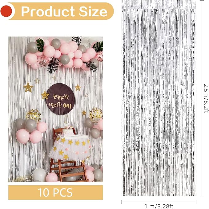 10 Pack Silver Backdrop Curtain 3.2ft x 8.2ft Metallic Tinsel Foil Fringe - Image 3
