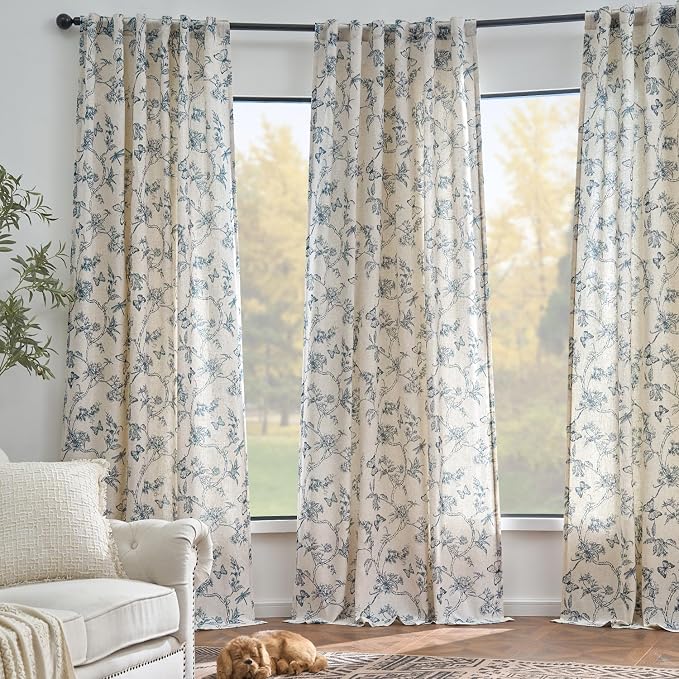 Blue Floral Linen Lined Curtains Rod Pocket 50W X 63L 2 Panels | Charlotte - Image 7