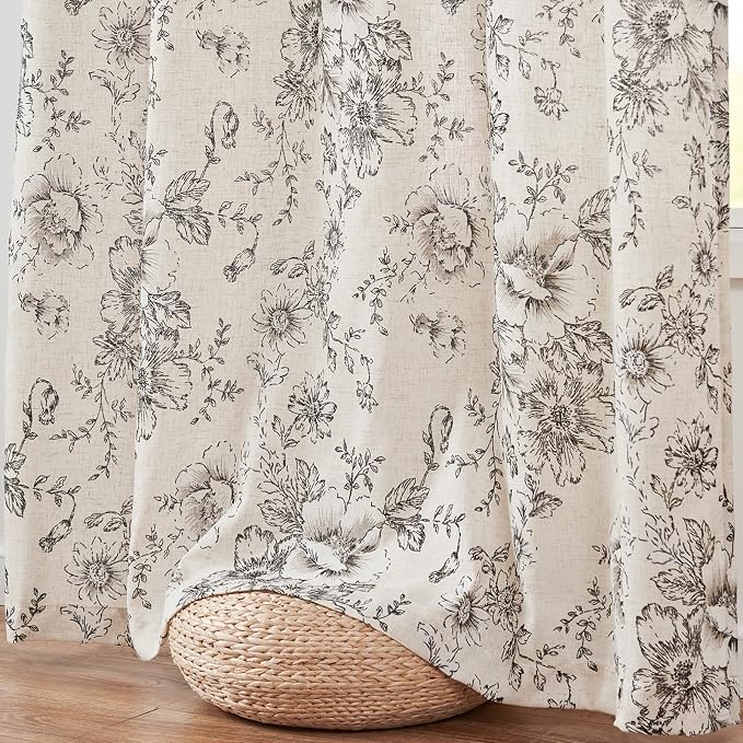 jinchan Black Floral Linen Curtains Lined 96 Inch Vintage Back Tab 2 Panels | - Image 8