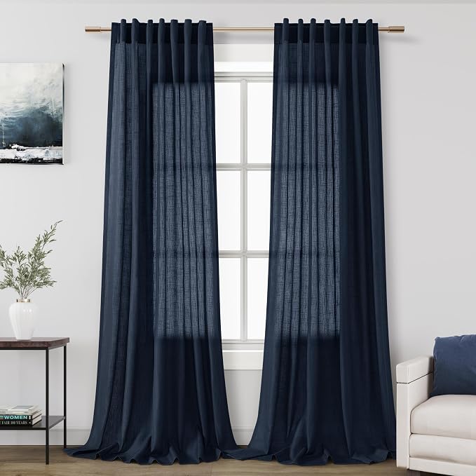 Linen Navy Blue Curtains 108 inch Extra Long by Nanspring