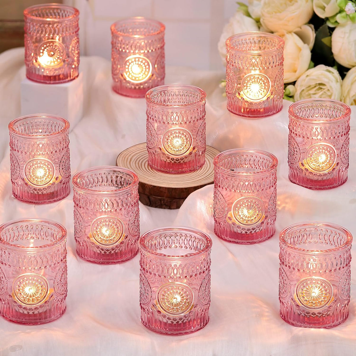 DARJEN Pink Votive Candle Holders Set of 36- Glass Candle Holders Bulk for Tea Light Candle, Embossed Candle Votives for Romantic Wedding Centerpiece, Home Table Decor