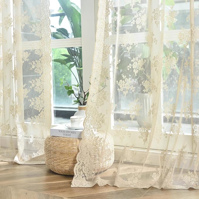 Kotile Beige Lace Floral Curtains - Image 7