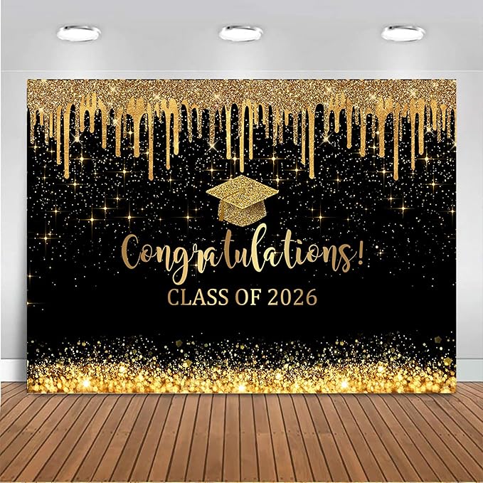 Mocsicka 7x5ft Graduation Backdrop 2026 Black and Gold Graduation Decorations by Mocsicka