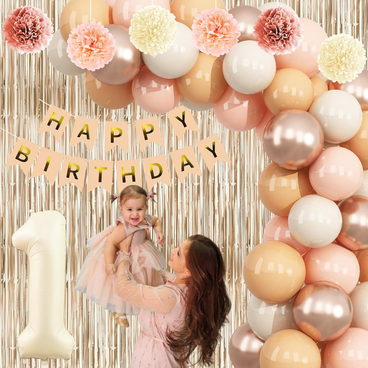 Beige 1st Birthday Decorations Cream Number 1 Balloon Nude Gold Happy Birthday Banner Fringe Curtain Paper Pom Poms Blush White Sand Champagne Star Foil Balloons Neutral Boho Party Decor