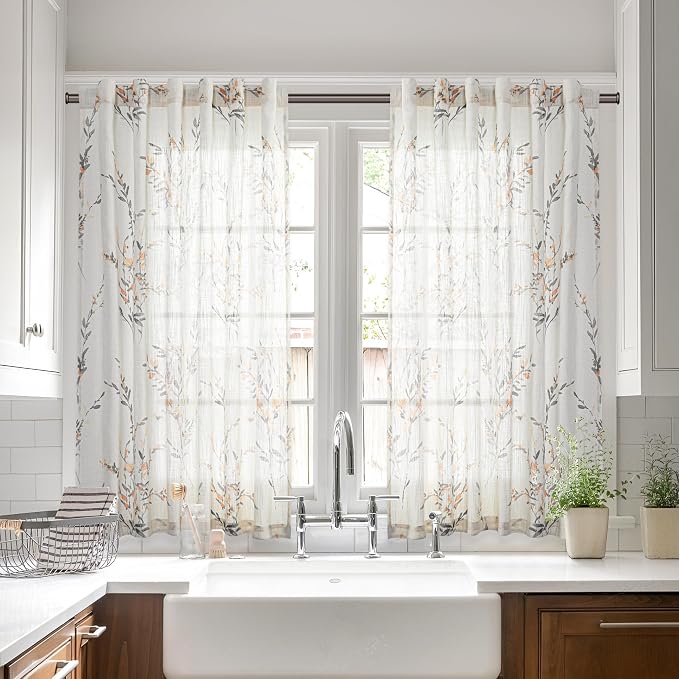 MYSKY HOME Floral Curtains for Bedroom Small Windows Flax Linen Sheer Drapes by MYSKYHOME