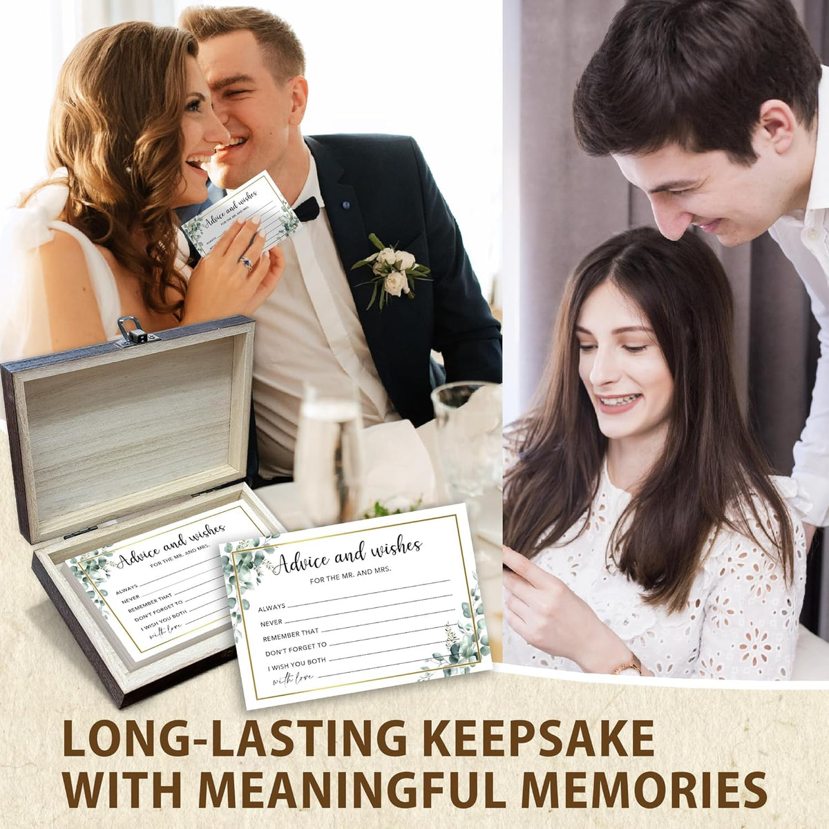 50 Pcs Advice and Wishes for the Mr and Mrs Cards in Box - Bridal Shower Guest Book - Perfect for Newlywed Games, Reception Decor, Engagement Parties & Anniversary Wishes(Greenery) -B09