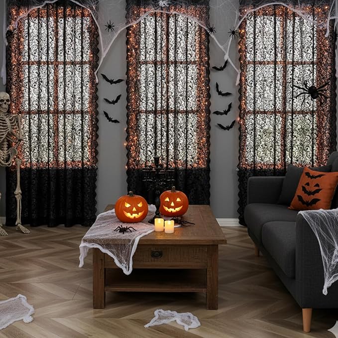 Bujasso Black Sheer Lace Curtains 54 inch Vintage Floral Short Curtain Panels - Image 2