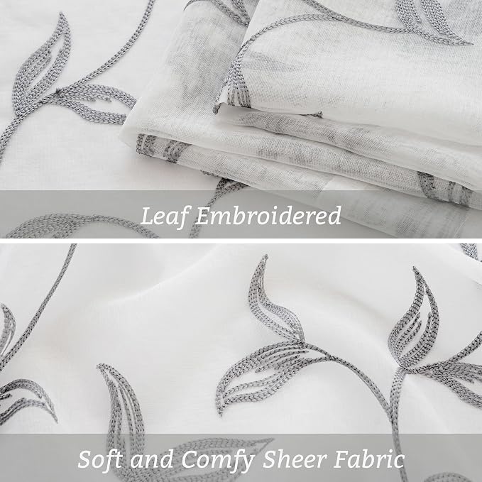 Sheer Kitchen Cafe Curtains Embroidered Leaf Pattern Grey 54x16 | Light - Image 3