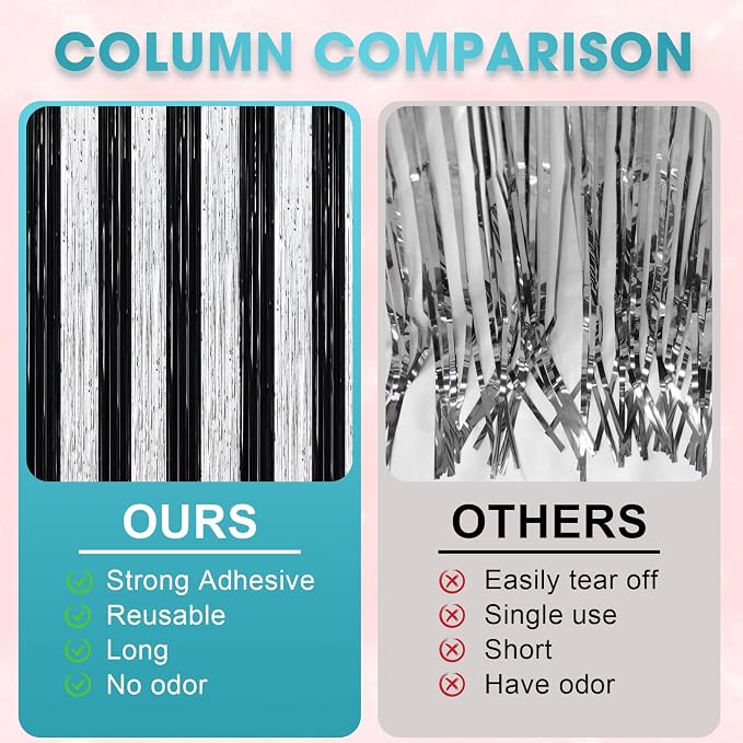 Voircoloria Black Silver Foil Fringe Backdrop Curtains, 3 Pack | Tinsel - Image 4