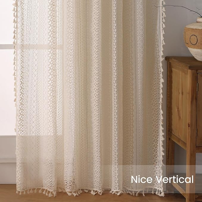 WAZZIO Boho Lace Curtains 120 Inch 2 Panel, Light Filtering Privacy Tassel & - Image 6