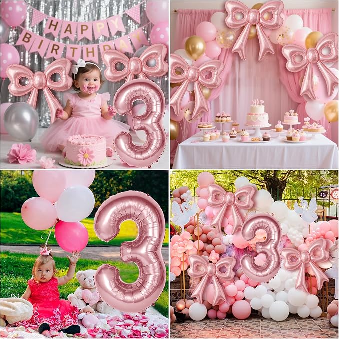Bow Number 3 Birthday Balloons, Coquette Party Decorations Supplies - Image 7