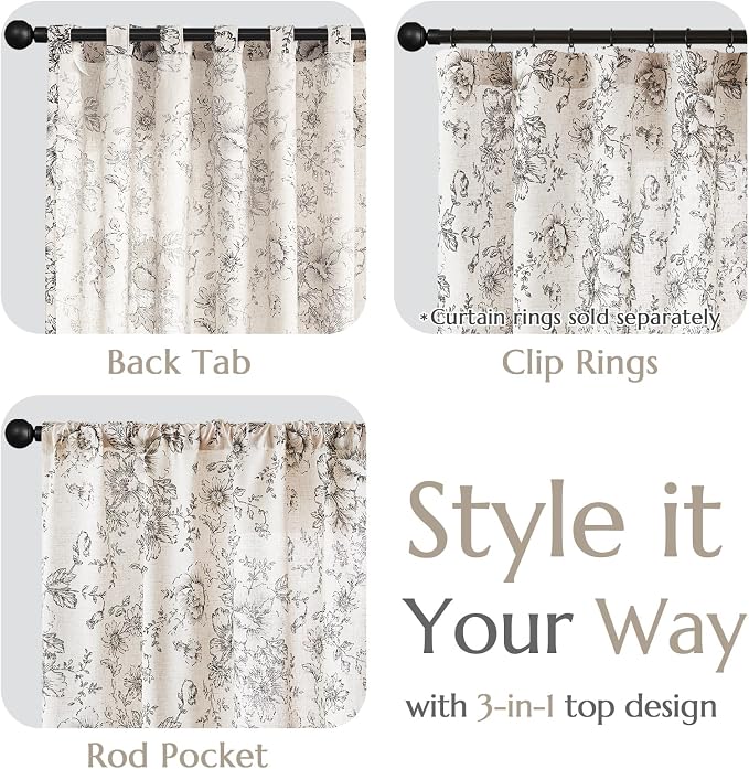 jinchan Black Floral Linen Curtains 90 Inch Vintage Back Tab 2 Panels | Light - Image 4