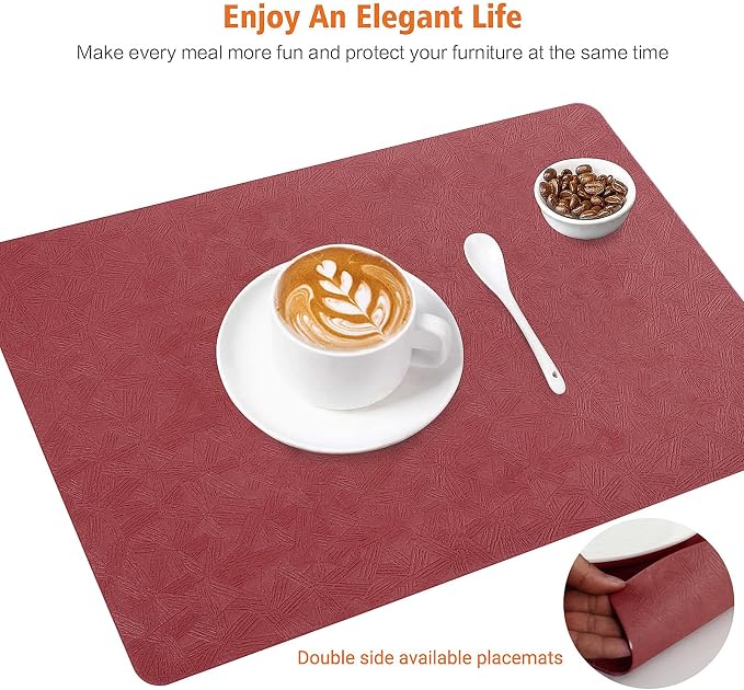 Vinyl Red Placemats Set of 6 Wipeable Waterproof Table Mats | Heat Resistant - Image 2