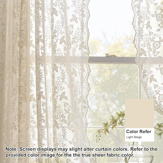 FINECITY Short Beige Lace Curtains Rustic Leaf Floral W42xL36 Inch 2 Panels | - Image 6