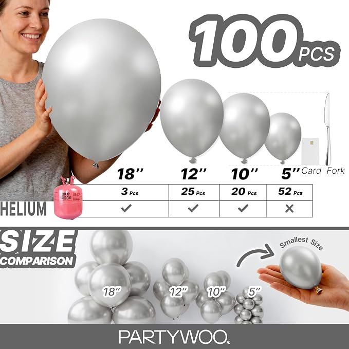 PartyWoo Silver Balloons 100pcs Different Sizes of 18 12 10 5 Inch | Balloons - Image 6
