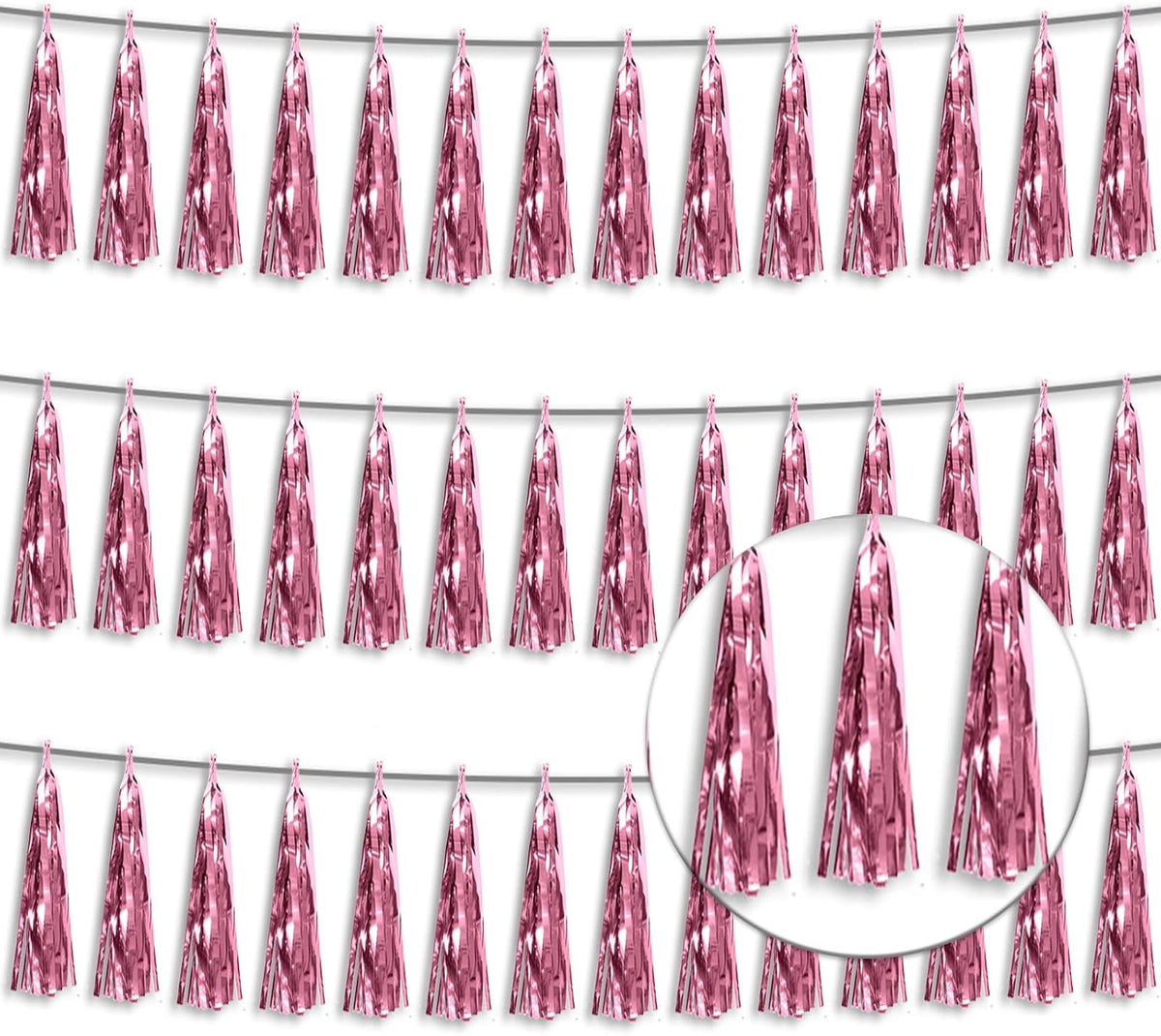 3P Metallic Fringe Tassel Banner Garland Foil Tinsel Streamer Wall Hanging Curtain Backdrop Banner for Parade Floats, Graduation Decorations, Wedding Party Decoration(Pink)