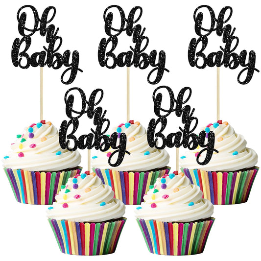 Gyufise 36Pcs Oh Baby Cupcake Toppers Glitter Baby Shower Cupcake Picks Oh Baby Cake Decorations for Gender Reveal Baby Shower Kids Boys Girls Birthday Party Supplies Black