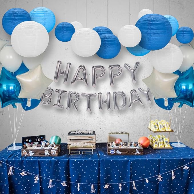 12Pcs Blue and White Paper Lanterns Set, Round Hanging Lanterns in Assorted - Image 5