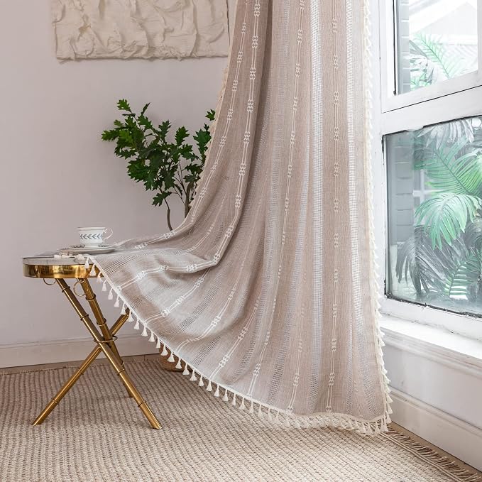 Linen Embroidery Striped Farmhouse Curtains by BCLBUSTE