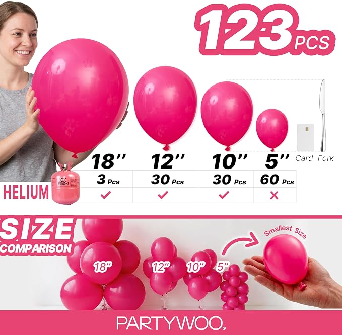 PartyWoo Hot Pink Balloons 123pcs Magenta Fuchsia Color 18 12 10 5 Inch | 18 12 - Image 6