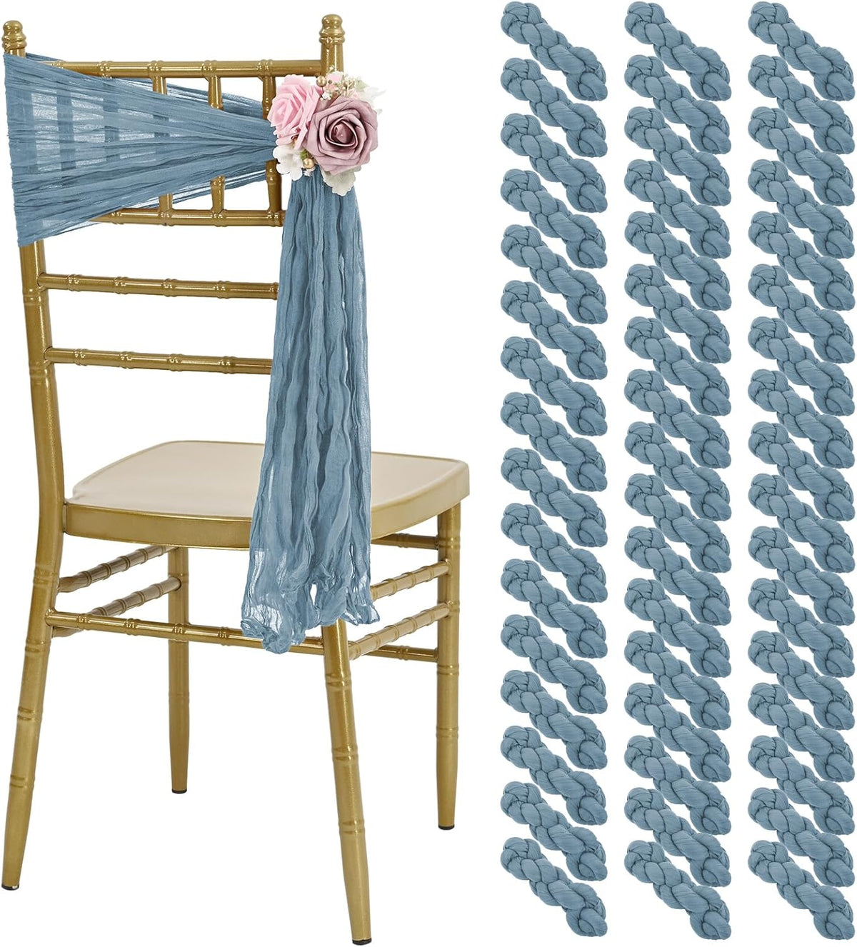 50 PCS Cheesecloth Chair Sashes, Bows Designed ChairSashes, 15.7x70 inch Chair Sashes for Aisle Decorations Universal Chairs Cover Decoration for Wedding Reception Party Banquet (Dusty Blue)