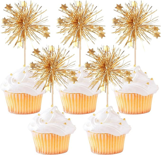 30 PCS Foil Firework Cupcake Toppers Happy Birthday Cake Toppers Star Sparkle by ZHUOWEISM