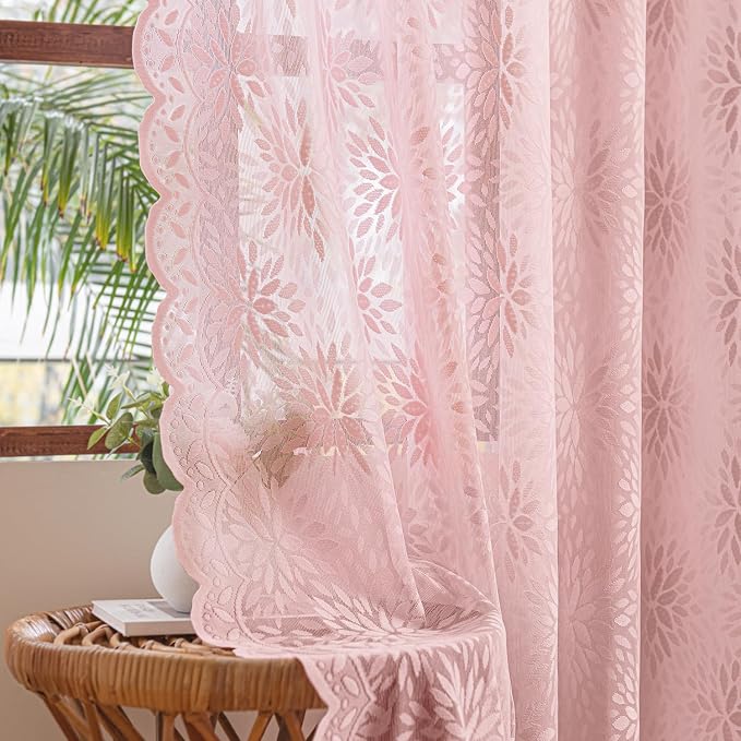 MIULEE Vintage Floral Scalloped Lace Curtains, Light Pink 52" W x 72" L | 2 by MIULEE