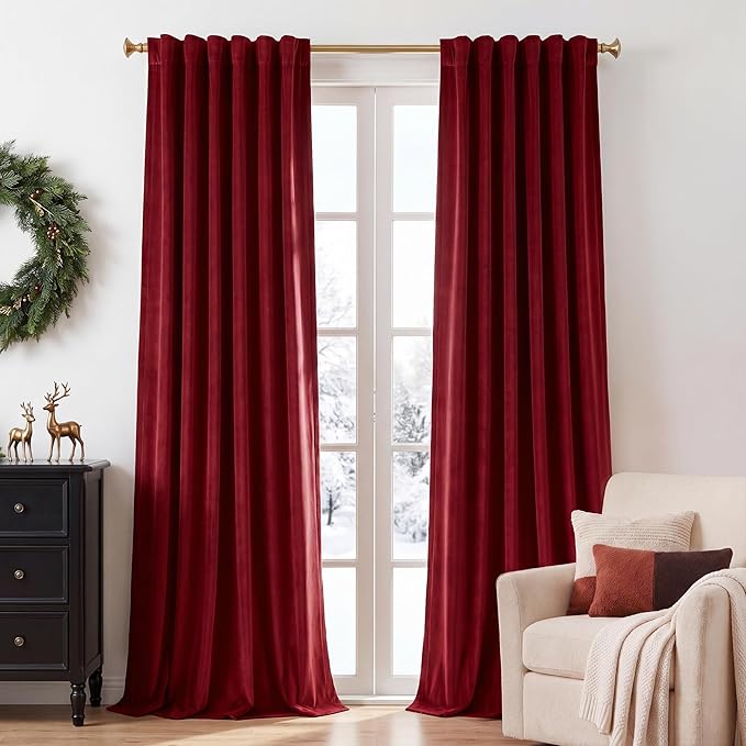 Red Velvet Curtains Extra Long for Chrismas Decor, W52 x L102, Room Darkening by StangH