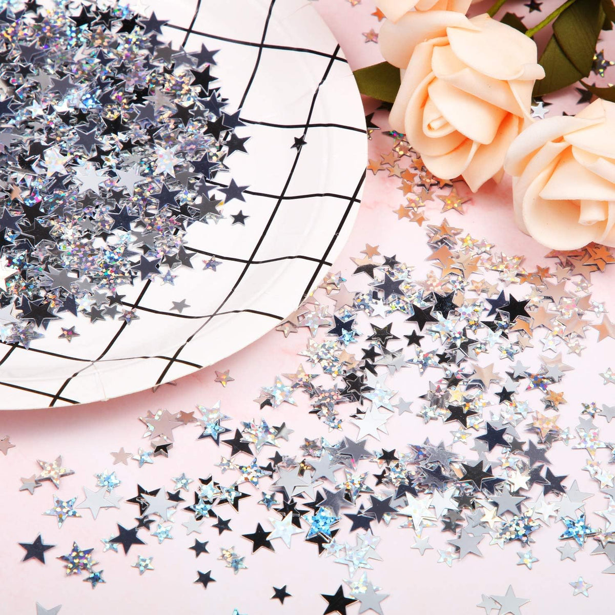 Hestya 60g Star Confetti Glitter Table Confetti Metallic Foil Stars for Party Wedding Festival Decorations(Silver Set,10mm and 6mm)