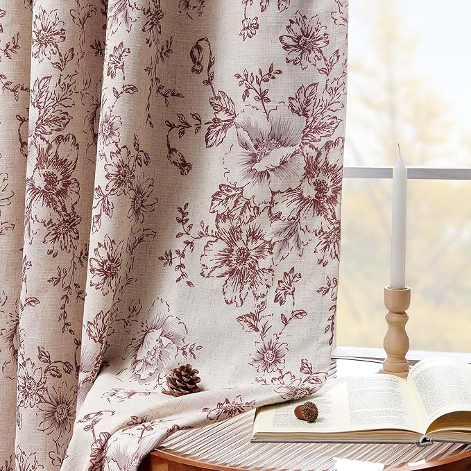jinchan Red Floral Linen Blackout Curtains Lined 96 Inch Back Tab 2 Panels | - Image 3