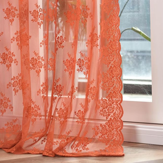 Kotile Burnt Orange Sheer Lace Curtains - Image 7