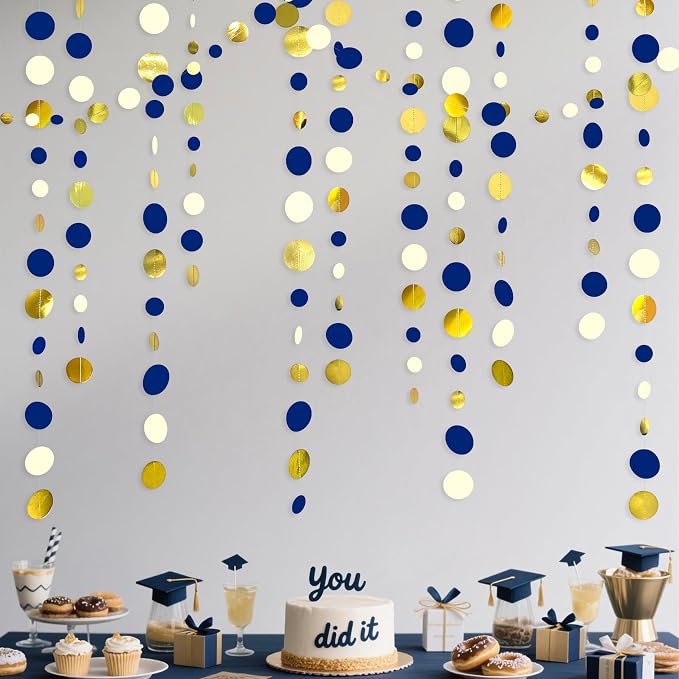 Navy Blue and Gold Circle Dots Garland Royal Blue Hanging Paper Polka Dot - Image 5