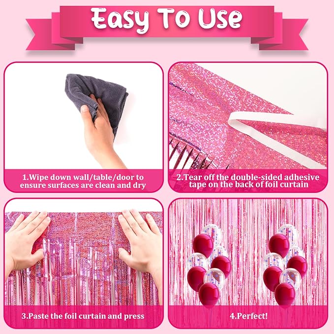 Voircoloria 3 Pack 3.3x8.2 Feet Laser Pink Foil Fringe Backdrop Curtains - Image 4