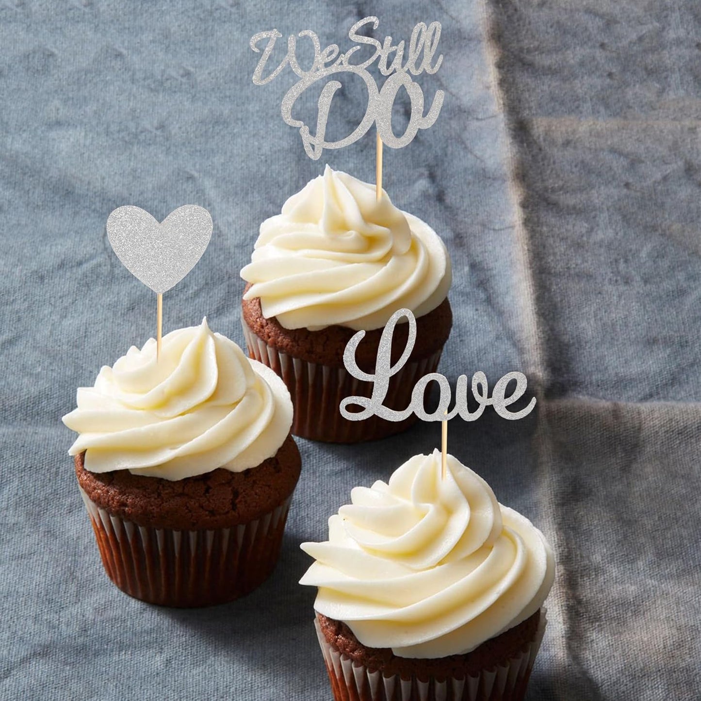 24Pcs We Still Do Cupcake Toppers Glitter Love Heart Marriage Anniversary Cupcake Picks Bridal Shower Wedding Engagement Birthday Cake Decorations Supplies - Silver Glitter
