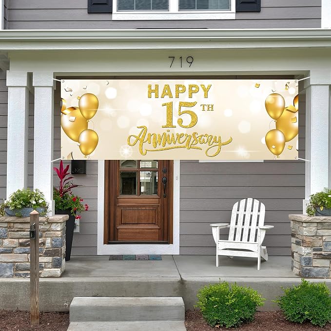 WeBenison Large Happy 15th Anniversary Banner 15 Wedding Commemoration Garden - Image 4