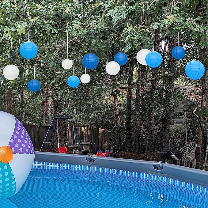 12Pcs Blue and White Paper Lanterns Set, Round Hanging Lanterns in Assorted - Image 6