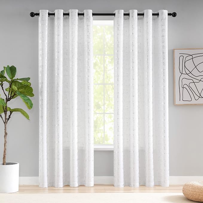 Taisier Home Silver Foil Print Linen Textured Curtains Geometric Dots Pattern - Image 3