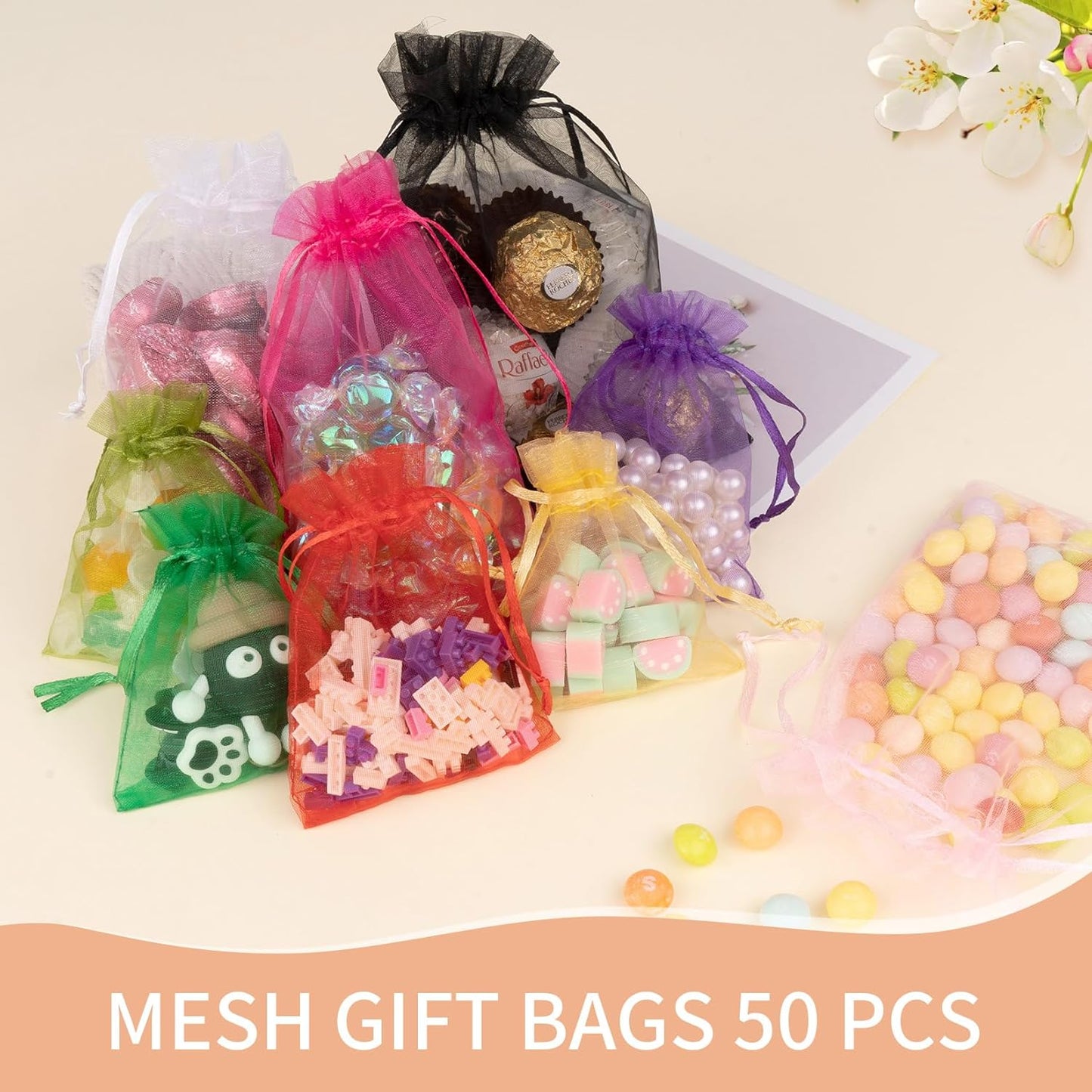 50 Pcs Organza Bags 5x7 Inch, Small Mesh Bags Drawstring Gift Pouches for Jewelry Candy Party Favor (Black)