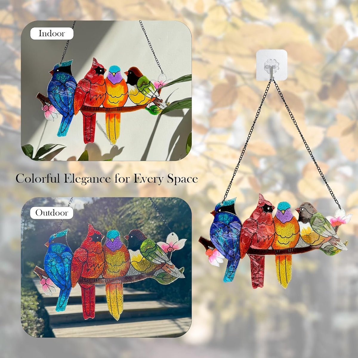 Stained Glass Window Hanging - Large Suncatcher Stained Glass Birds on Branch, Sun Catchers for Indoor Window Doors Room Home Decoration Hummingbird Gifts for Bird Lovers