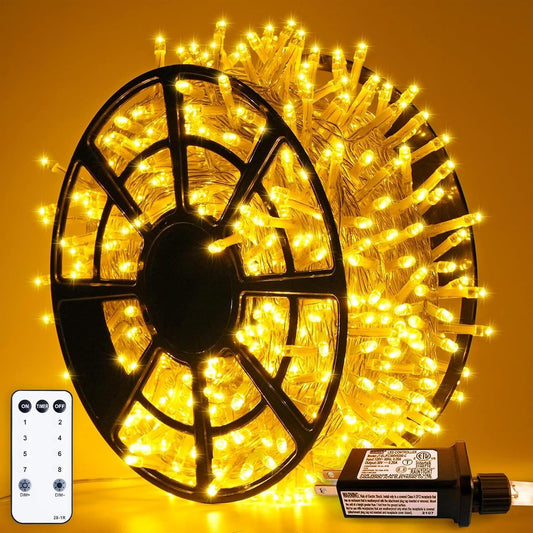 JMEXSUSS 163ft 500 LED Warm White Christmas Lights Outdoor, Clear Wire Plug-in String Lights Indoor Bedroom, 8 Modes Remote Control Christmas Tree Lights for Christmas Bedroom Tree Classroom