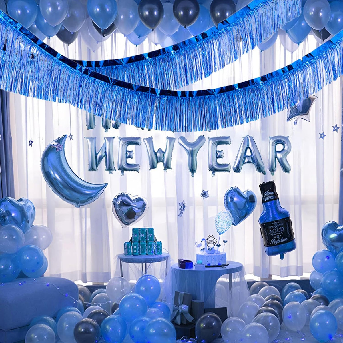 Blue Foil Fringe Garland 10FT 6packs, Metallic Foil Tinsel Fringe Banners for Parade Float Decorations Wedding, Birthday Party Graduation (six Blue)