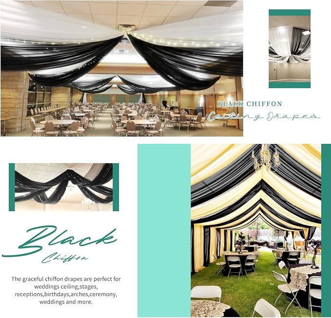 6 Panel Black Wedding Drapes - 5ft x 30ft Sheer Voile Chiffon Curtains - Image 5